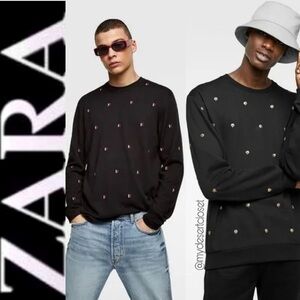 Zara Vintage Gold Skull studded black crewneck sweater pullover Halloween